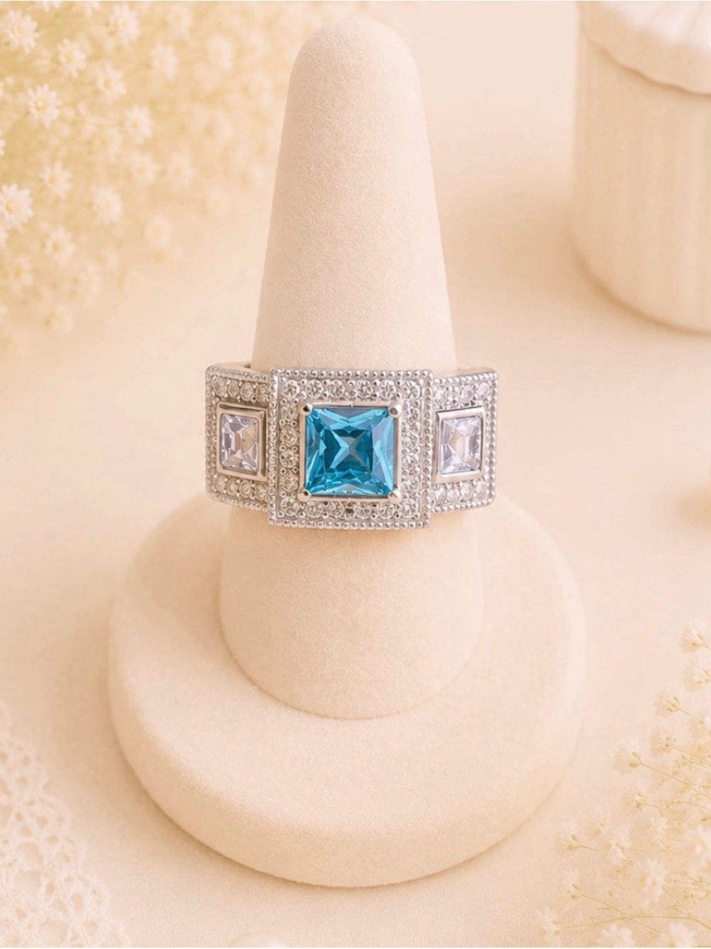 Silver Tone Fashion Ring with Blue Square Stone and Clear Accents size 7.5-NWOT